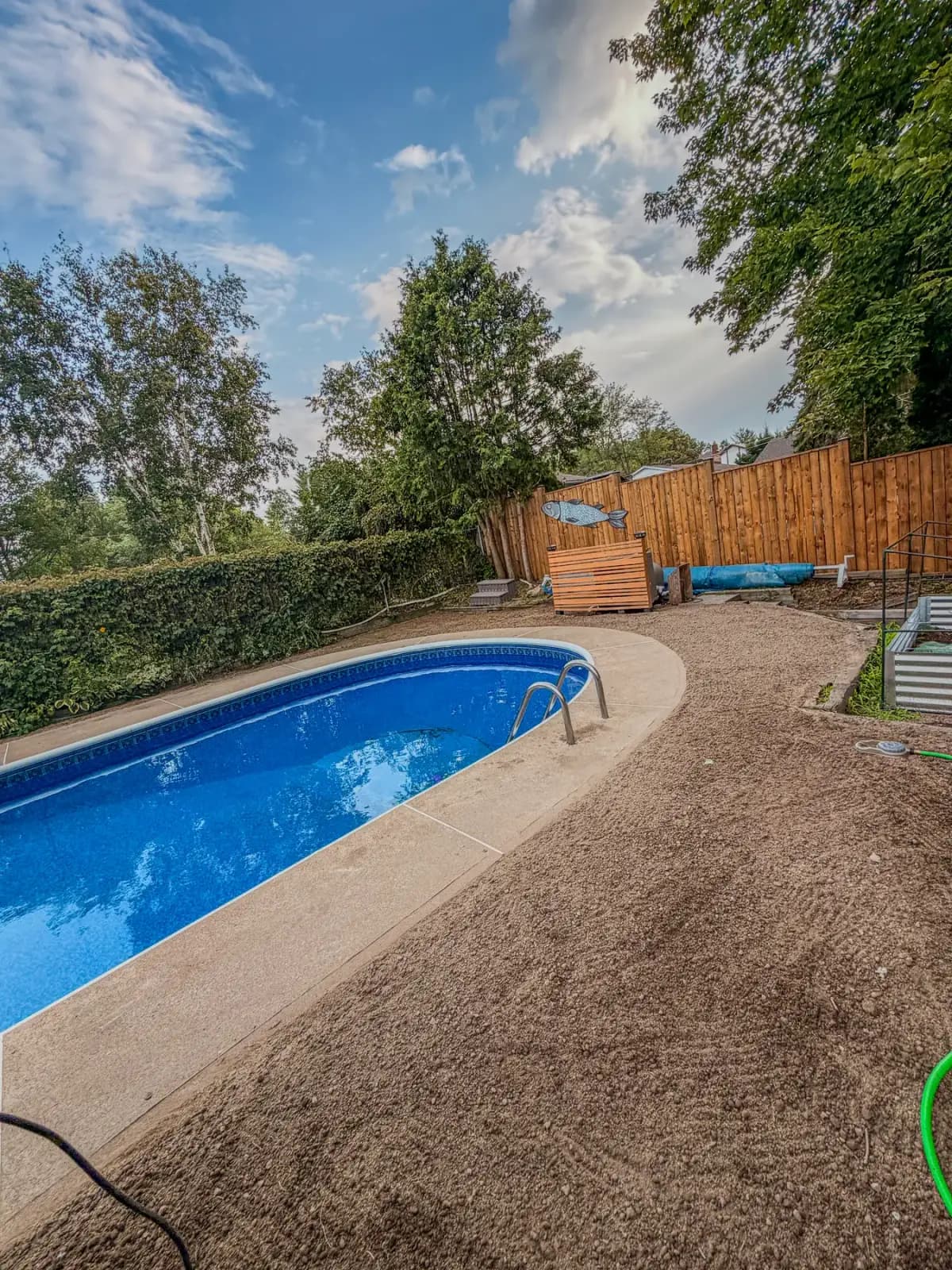 Backyard pool surrounded by freshly graded topsoil after a PVS landscaping rebuild