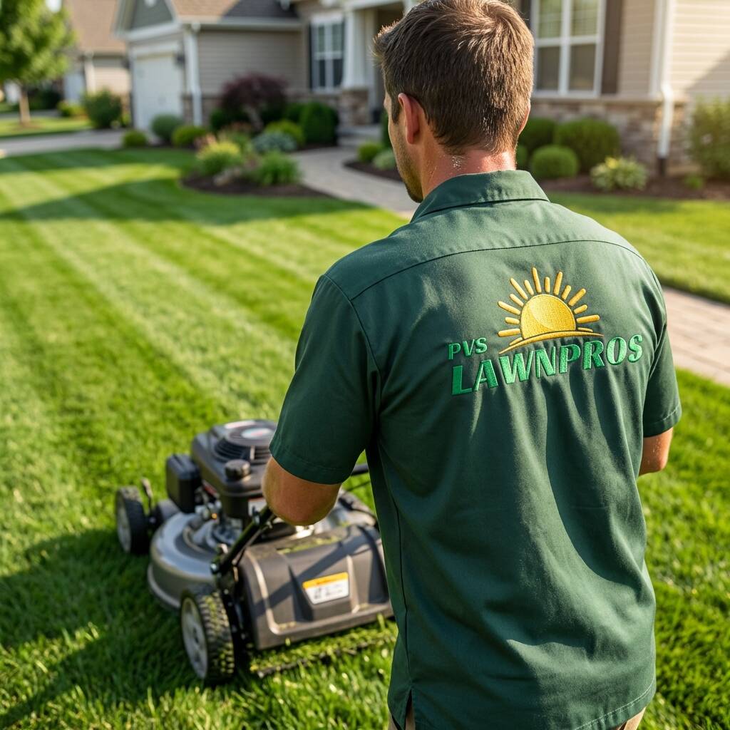 PVS LawnPros team member mowing lawn